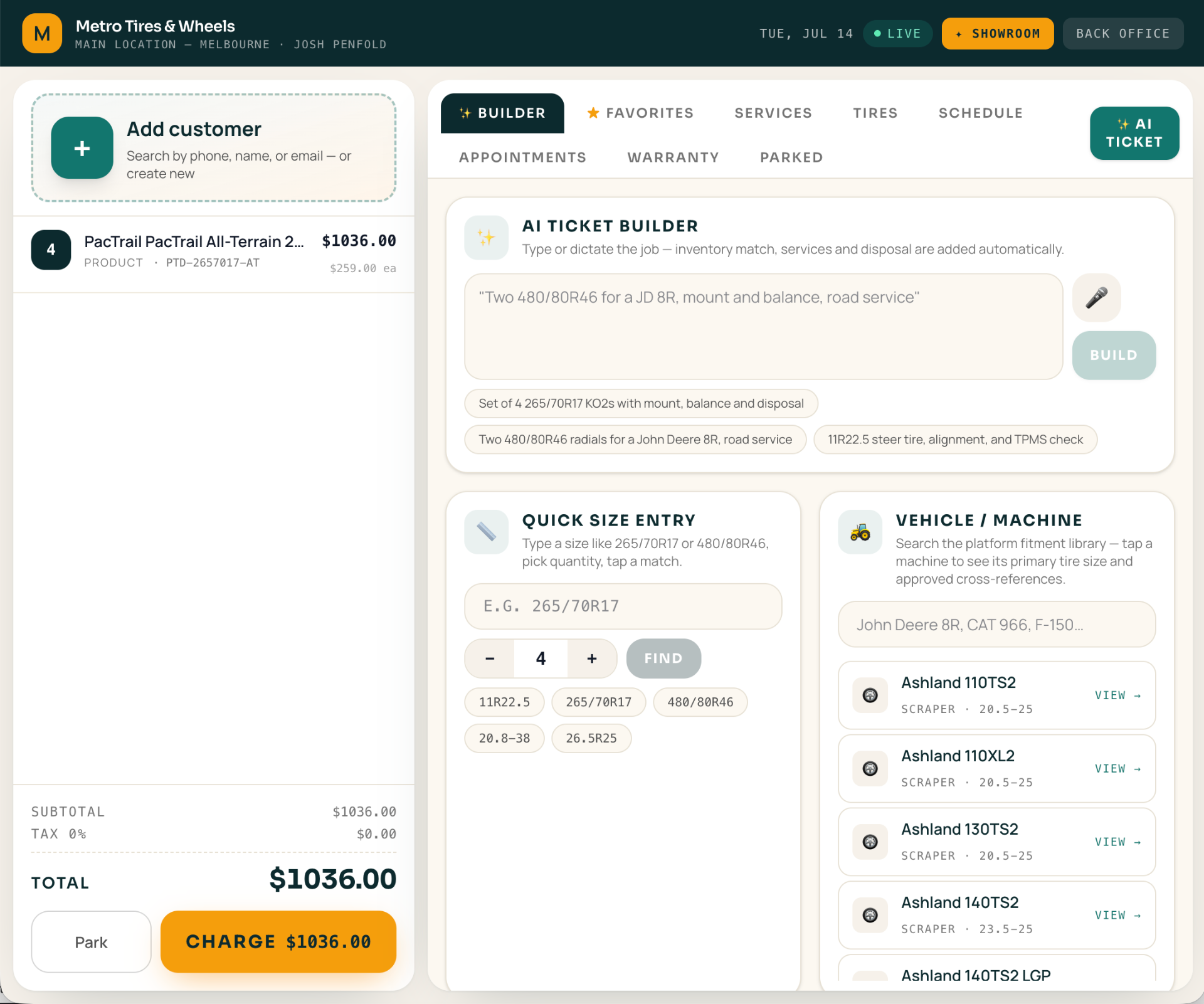 Tread Ready register showing the AI ticket builder, quick size entry, and vehicle fitment library.